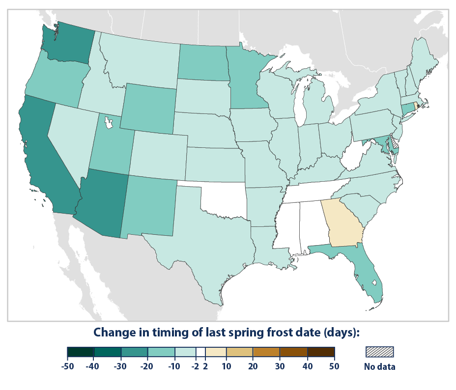 Map showing the changes in timing of the last spring frost for the contiguous 48 states from 1895 to 2023.