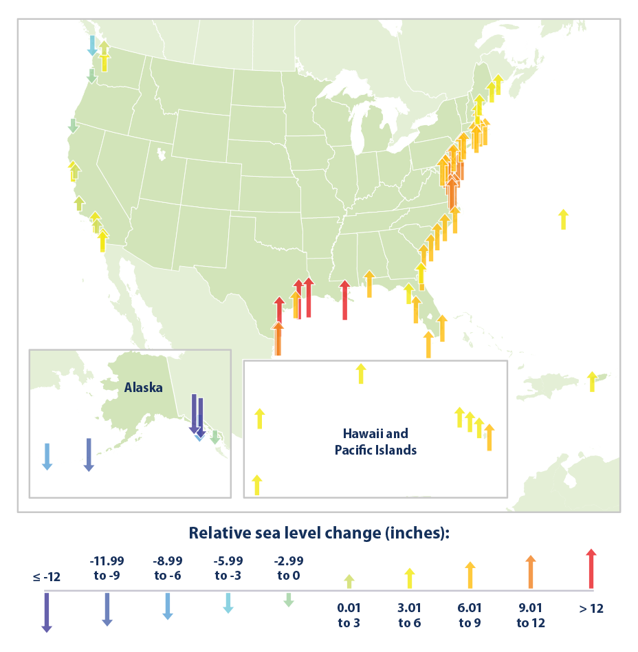 Color-coded map showing changes in relative sea level at points along the U.S. coastline over more than a half-century.