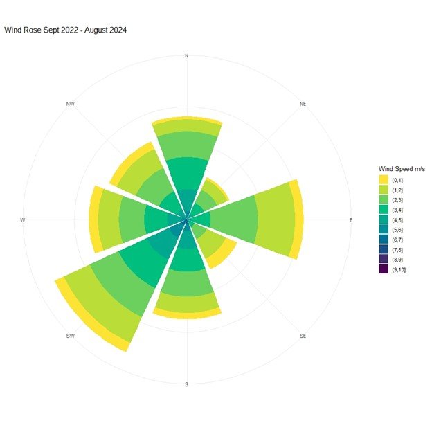 Windrose diagram in shades of green and yellow