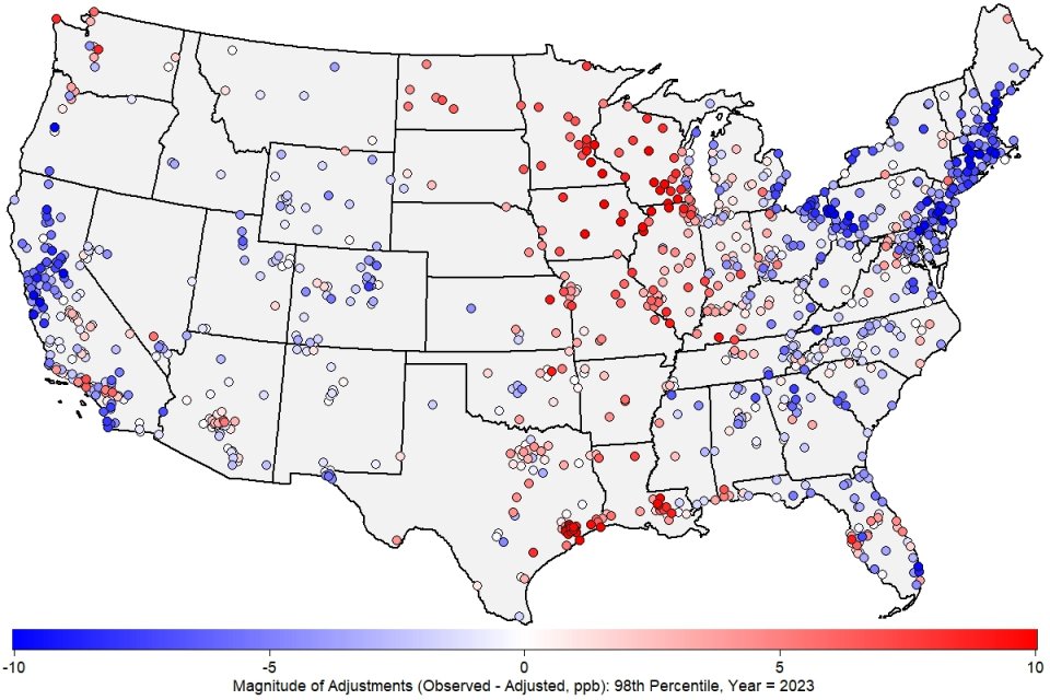 Map of 2023 met-adjusted 98th percentile ozone concentrations