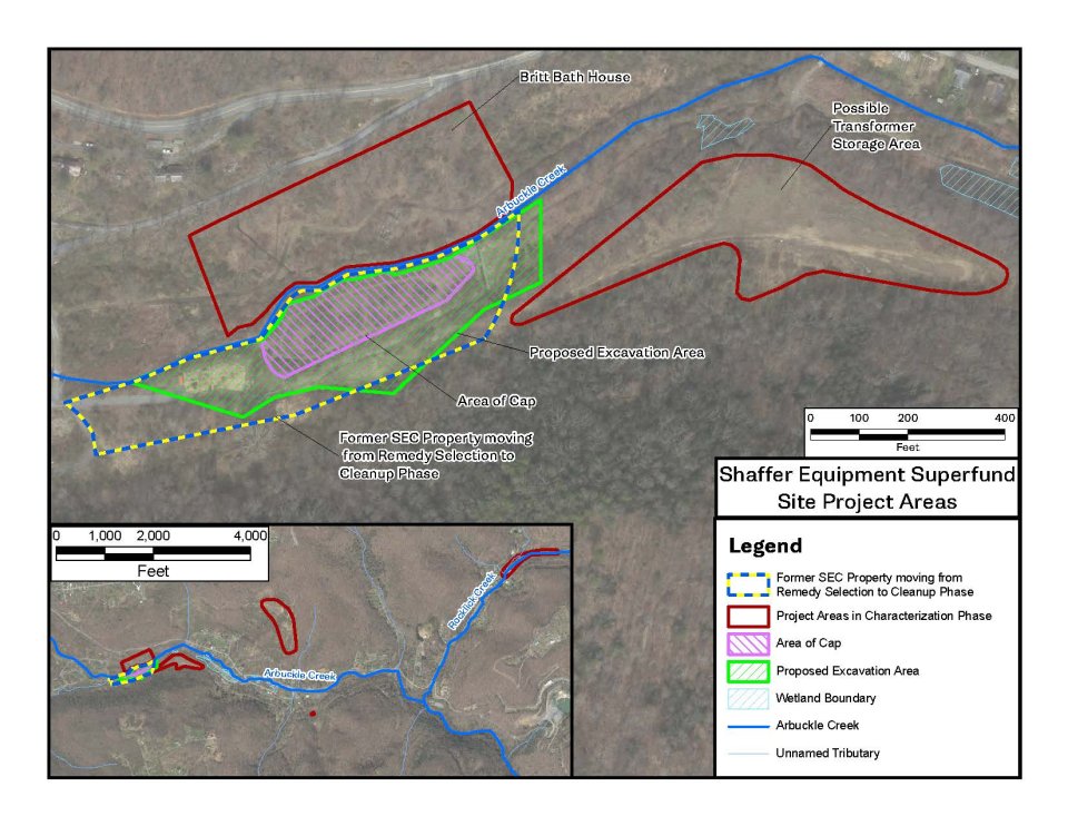 Map showing areas of study and proposed cleanup work at Shaffer Equipment and Arbuckle Creek Superfund Site