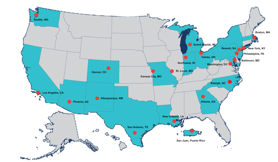 Map showing 21 locations of the Urban Waters Federal Partnership