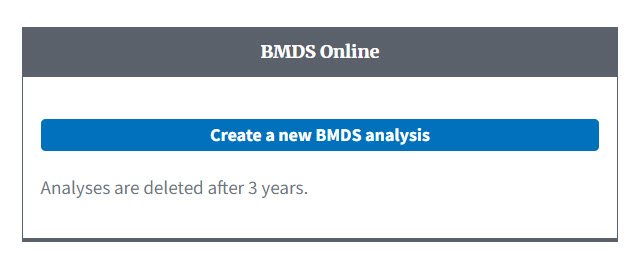 BMDS Online landing page, with create analysis button highlighted