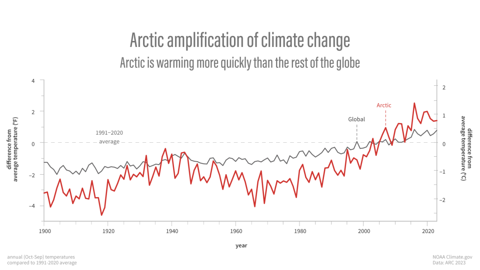 Line graph depicting difference from average temperature in the Arctic compared to the global average since 1900