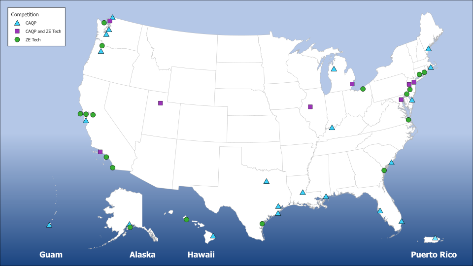 Map showing the locations of selected applications for the 2024 Clean Ports CAQP and ZE Tech competitions