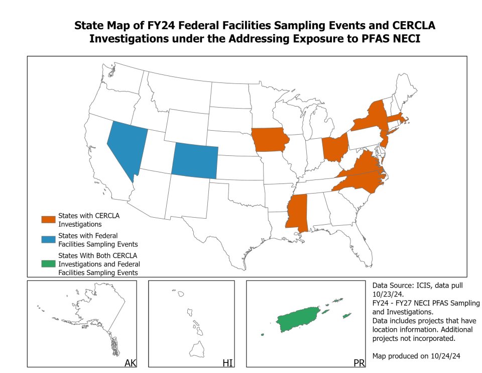 State Map of FY24 Federal Facilities Sampling Events and CERCLA Investigations under the Addressing Exposure to PFAS NECI