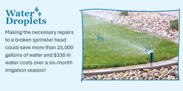 Image with a picture of a sprinkler and the words Water Droplets, Making the necessary repairs to a broken sprinkler head could save more than 25,000 gallons of water and $330 in water costs over a six-month irrigation season!