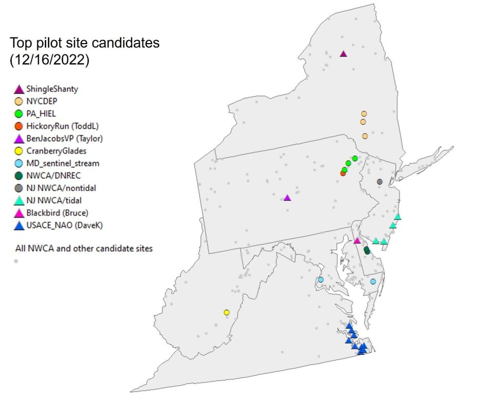 Locations of top candidate Wetland RMN sites in EPA Regions 2 and 3 as of 12/16/2022. Five of these sites (Cranberry Glades, WV, Hickory Run, PA, Bruce Lake, PA, Dennis Creek Tidal Marsh, NJ, and Canary Creek, DE) are collecting data through wells and sensors.