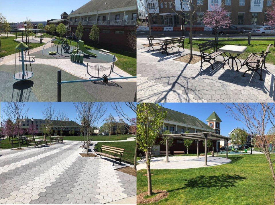 Photo collage of Ryan Park (including playground, picnic/gathering area, walking paths, and event pavilion)