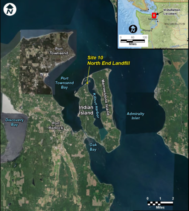 Map showing location of landfill along the north end of Indian Island, Washington