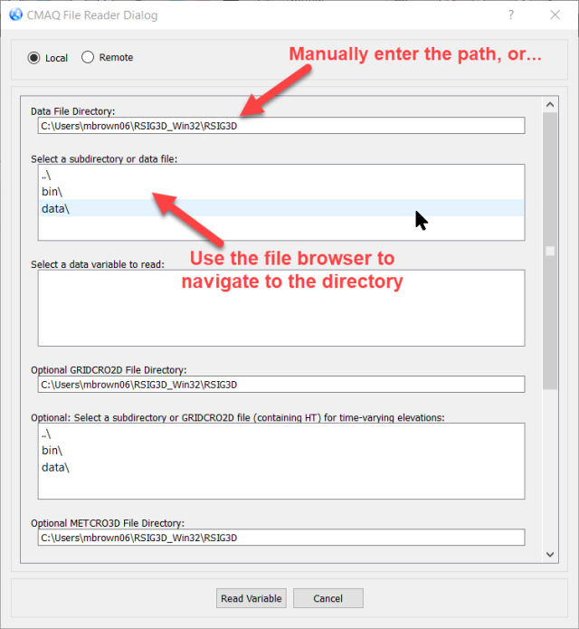 RSIG3D dialog box to navigate to local CMAQ files