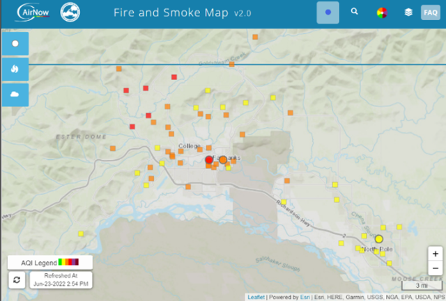 The AirNow Fire and Smoke Map showing the national network of PurpleAir sensors reporting air quality data. 