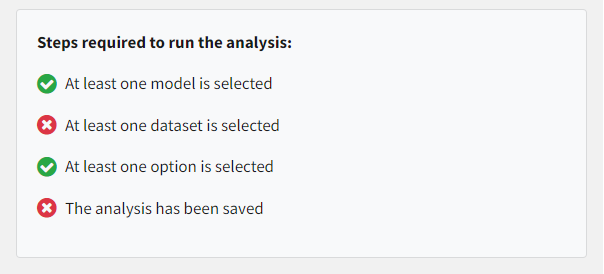 BMDS Online analysis steps marked with red and green checkmarks