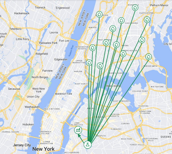 1. This figure shows organic waste pickup locations in New York City and how the materials flows to WMNY's CORe® facility for processing, and to Newtown Creek WRRF for co-digestion.  Photo by Akilah Lewis.