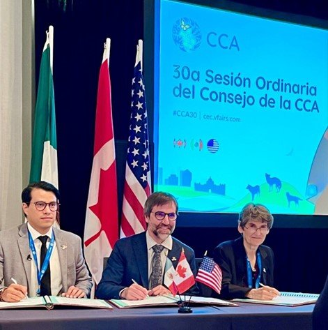 Canada’s Minister of Environment and Climate Change Steven Guilbeault (center), Mexico’s Under Secretary for Environmental Planning and Policy Iván Rico López (left) and EPA Deputy Administrator Janet McCabe (right) at the 2023 CEC Council Session in Victoria, British Colombia.