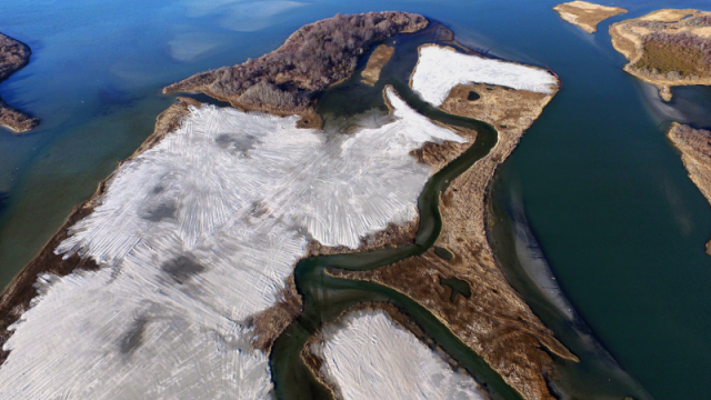 Aerial view showing where dredged material was added to restore the Ninigret marsh.