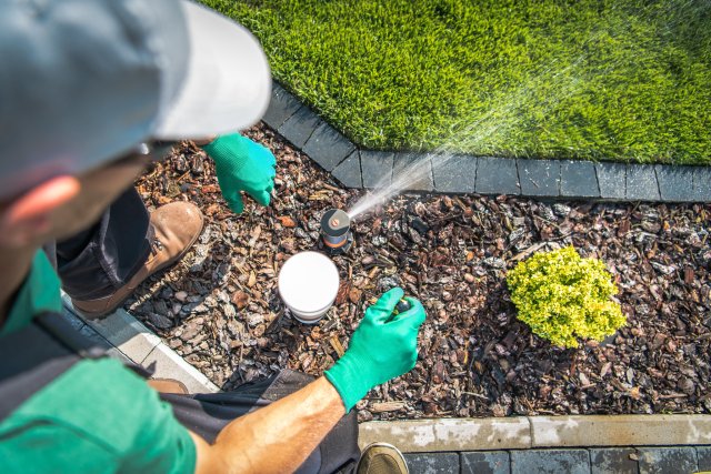 Irrigation professional adjusting a sprinkler outdoors.