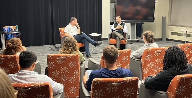 EPA Mid-Atlantic Regional Administrator Adam Ortiz speaks with University of Richmond students to provide perspective on EPA priorities and career opportunities during a visit on Sept. 18, 2024. 