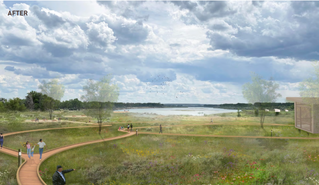 Shows an interconnected trail system leading towards a lake with meadows and trees in the foreground. 