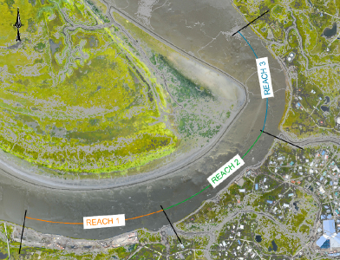 This picture shows a planned riverbank stabilization project for the community of Kipnuk, Alaska.  It categorizes the riverbank into three sections, the third of which will be featured for the project.