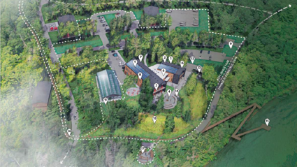 This image features a birds-eye perspective of a planned resilience hub project, with specific aspects shown such as emergency services, meeting spaces and cultural education. 