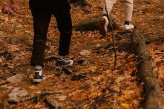 View of two sets of children's feet walking through a forest.