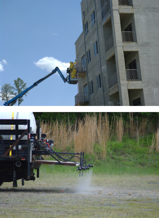 Top picture features two team members spraying down the exterior of a building with decontaminant. Bottom picture has a boom sprayer spraying down onto a grass field.