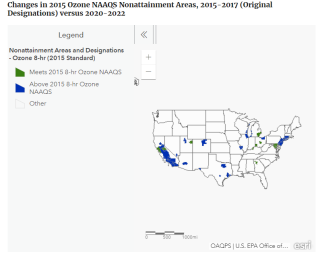 Changes in 2015 Ozone NAAQS Nonattainment Areas, 2015-2017 (Original Designations) versus 2020-2022