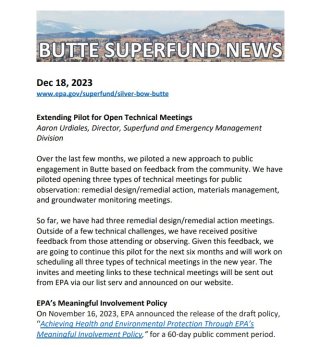 Butte Superfund News Newsletter letters on top of a scenic mountain background.