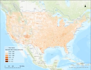 Map of the United States with estimated litter densities identified