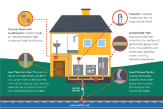 House surrounded by grass with lines pointing to potential sources of lead that can get into the drinking water.