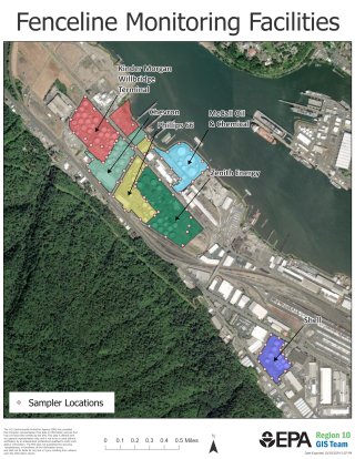 Aerial view of CEI Hub south fenceline air sampling locations.