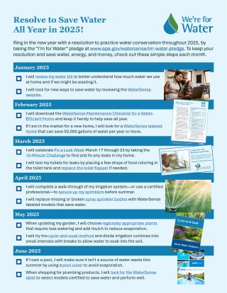 Resolve to Save Water All Year in 2025! Ring in the new year with a resolution to practice water conservation throughout 2025, by taking the "I'm for Water" pledge at www.epa.gov/watersense/im-water-pledge. To keep your resolution and save water, energy, and money, check out these simple steps each month.