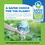 Image of a hand holding a globe splashing water over a stream with a message about using EPA’s Safer Choice label to find cleaning products that have safer ingredients for waterways